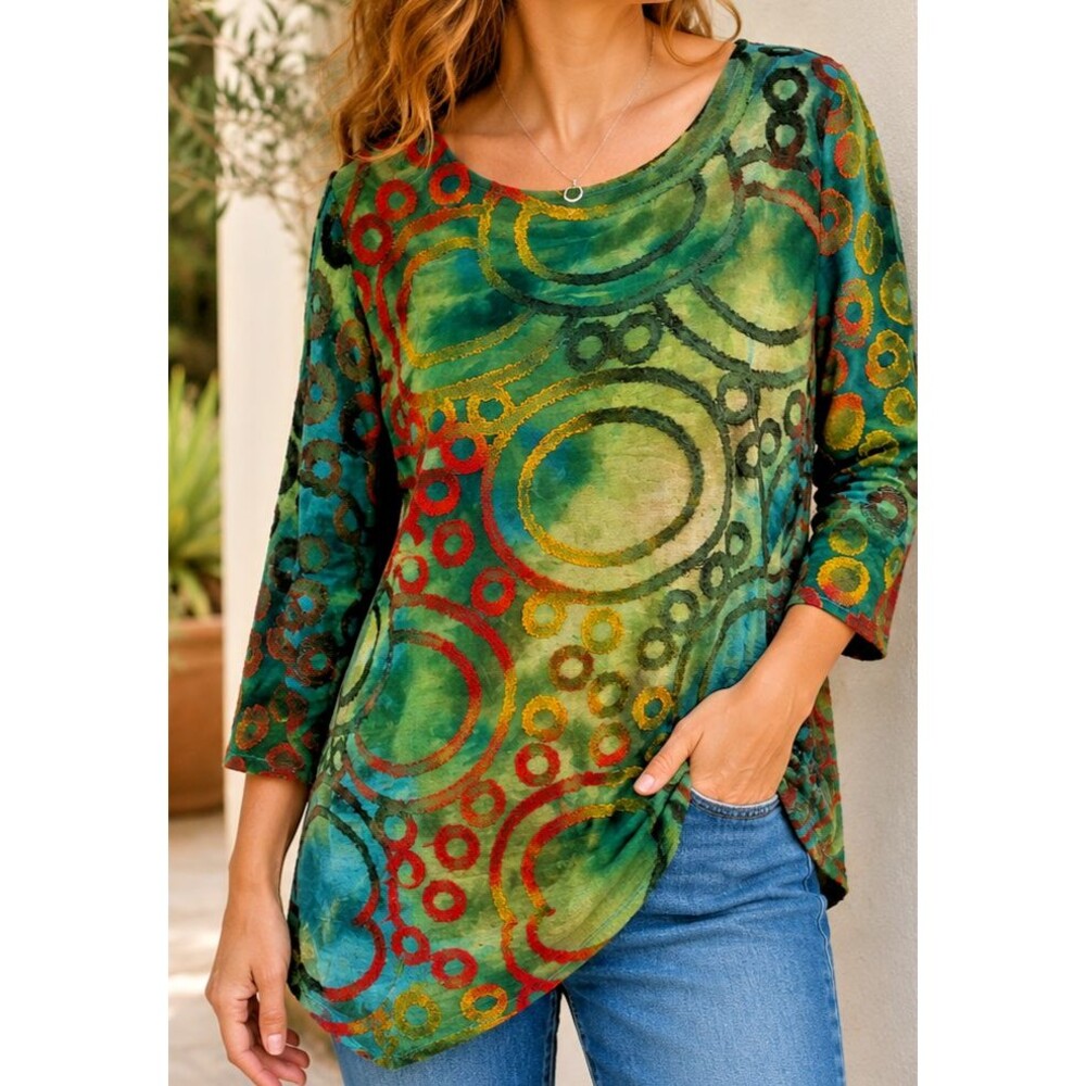 Adore Women's Textured Artsy tunic top, Multicolored Green 3/4 sleeve Sz S